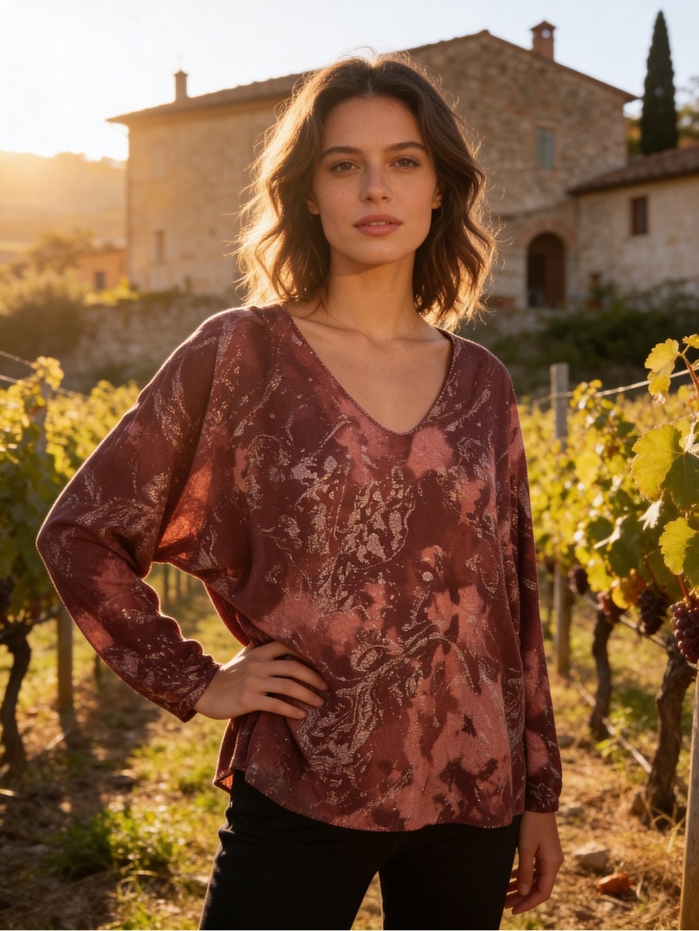 Metallic Rose Burgundy V-Neck Long Sleeve Top